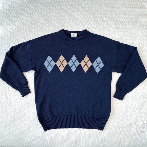 SUNDAY BEST Argyle Sweater Cotton Cashmere Navy Blue, Size XS-S - Picture 4 of 8